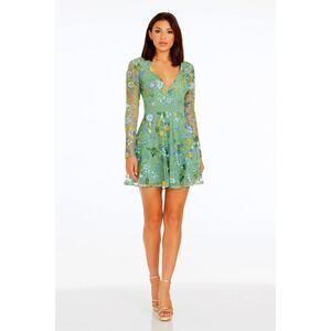 Dress the Population Marcy Floral Long Sleeve Mini Dress Sage Green Size S